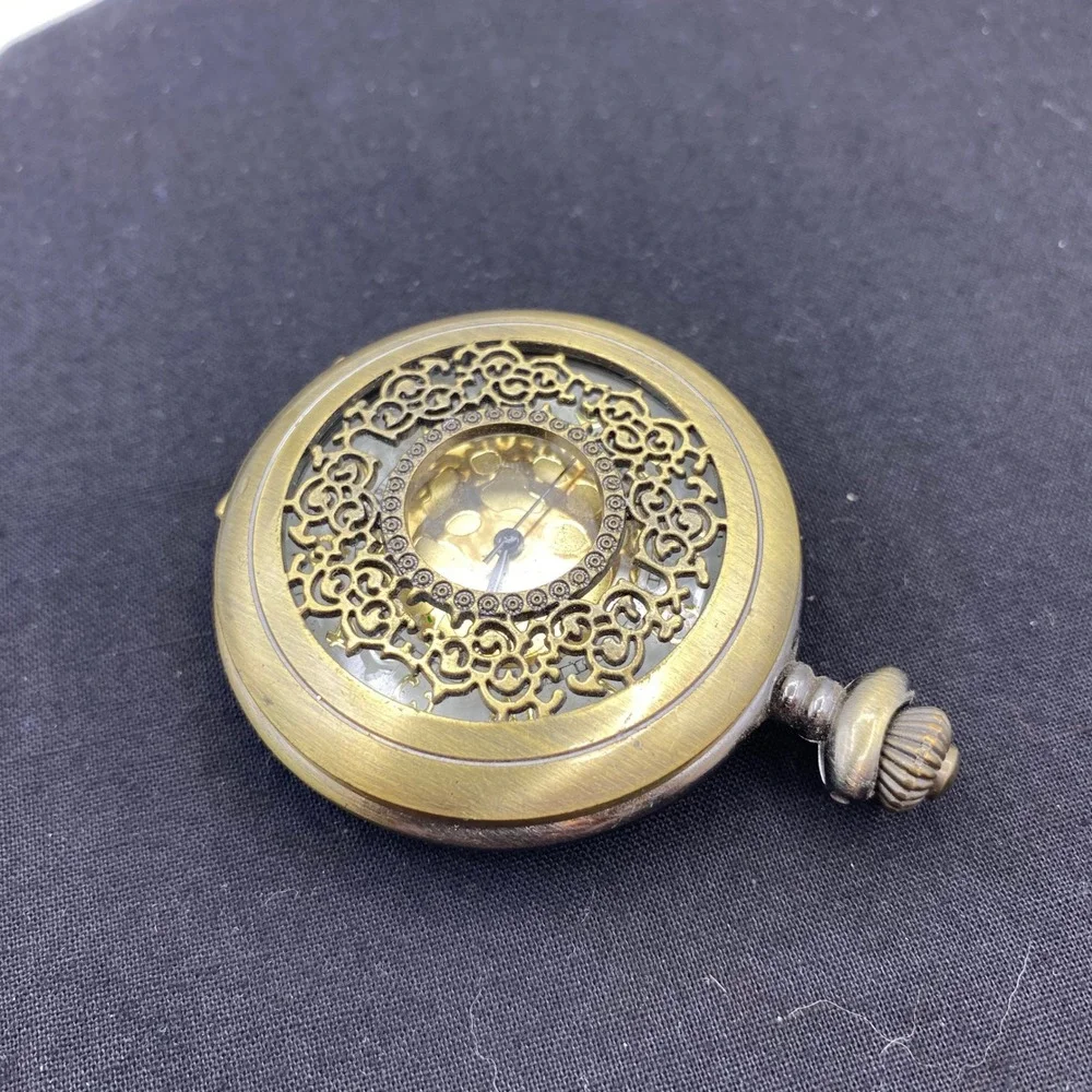 Pocket Watch Brass Filigree Skeleton Steampunk Engraved Victorian Goth Untested